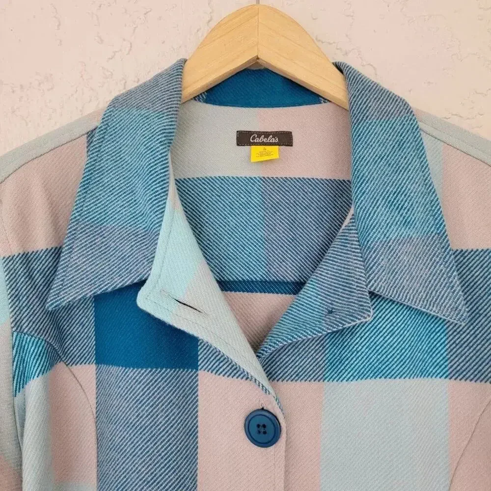 Cabelas Plaid Flannel Shacket Turquoise Gray Women Size L Button Down Cotton